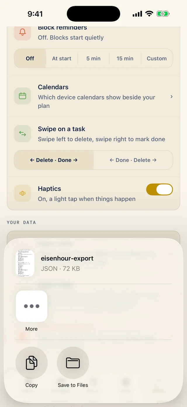 The share sheet over the More tab, offering the file eisenhour-export, JSON, 72 KB, with More in the top row and Copy and Save to Files below.