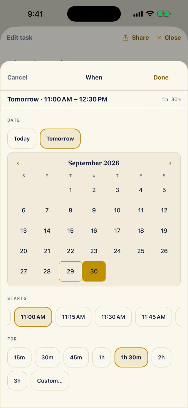 The When sheet, headed Tomorrow, 11:00 AM to 12:30 PM, 1h 30m. It shows Today and Tomorrow buttons, a September 2026 month grid with the 30th selected, a strip of start times with 11:00 AM chosen, and length buttons from 15m to 3h with 1h 30m chosen.