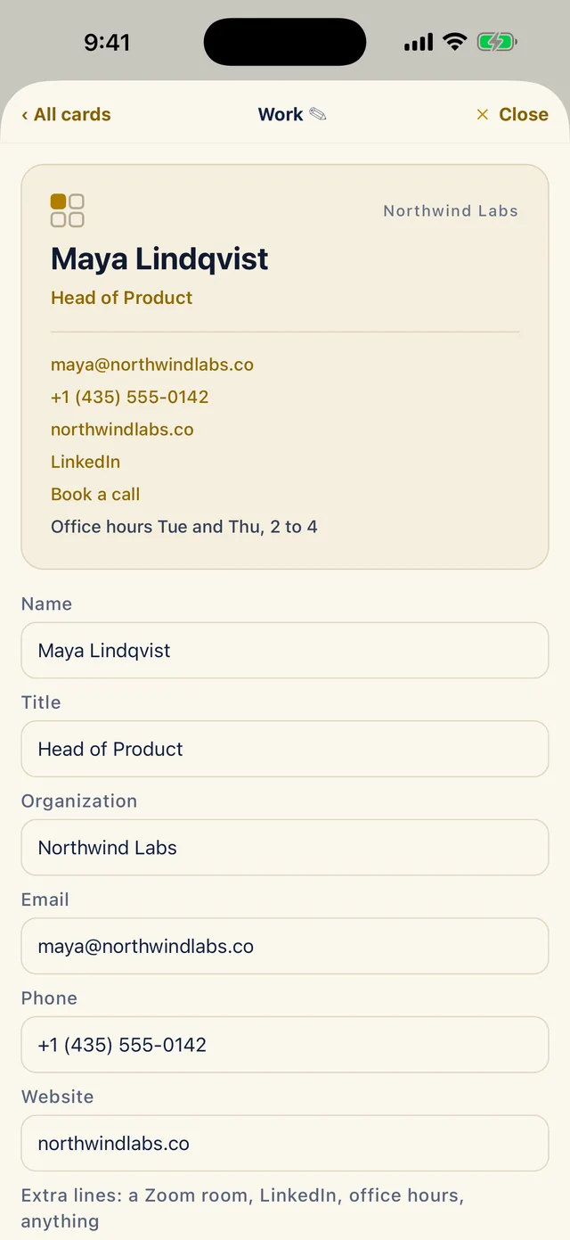 A card being edited in Eisenhour, with a live preview, its fields and the buttons Share as image and Share as PDF