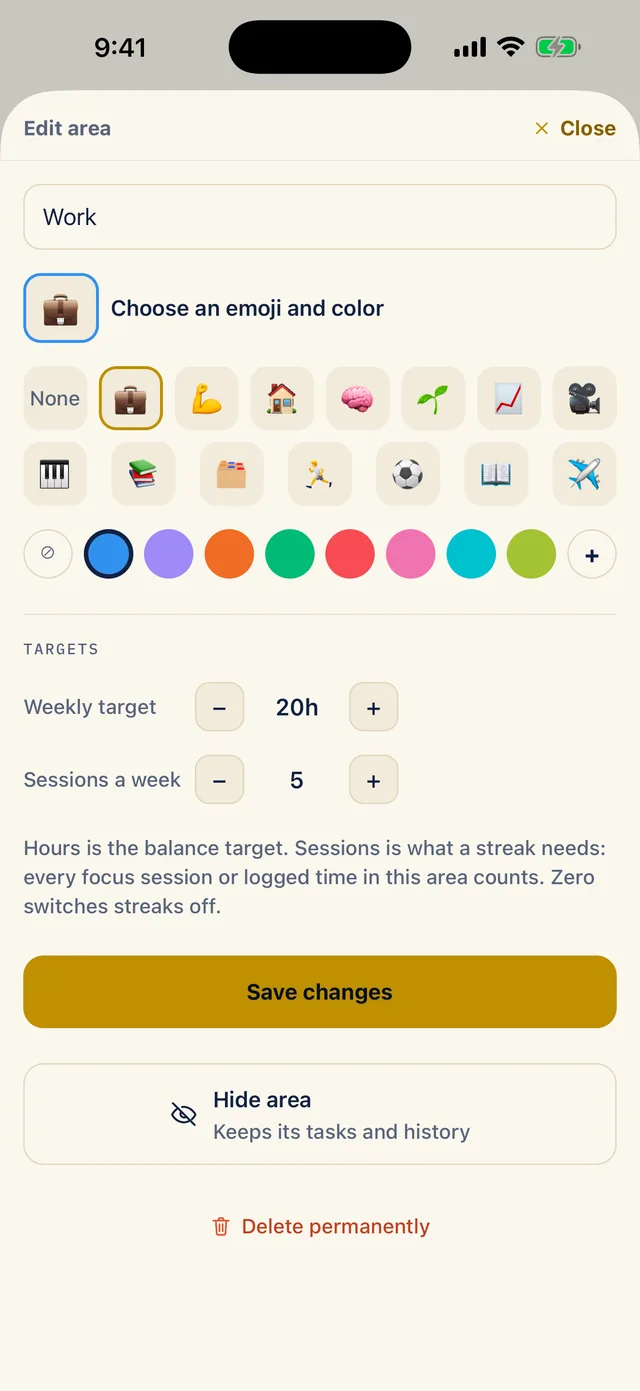 The Edit area sheet for Work: the name, an emoji and colour picker, a weekly target of 20h and 5 sessions a week, a Save changes button, a Hide area button that keeps its tasks and history, and Delete permanently.