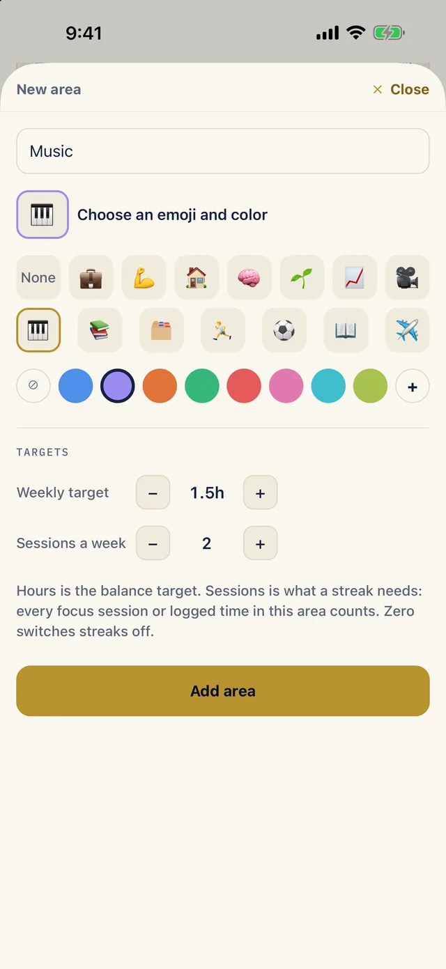 The New area sheet: the name Music, a piano emoji and a purple colour chosen, a weekly target of 1.5h, 2 sessions a week and an Add area button.