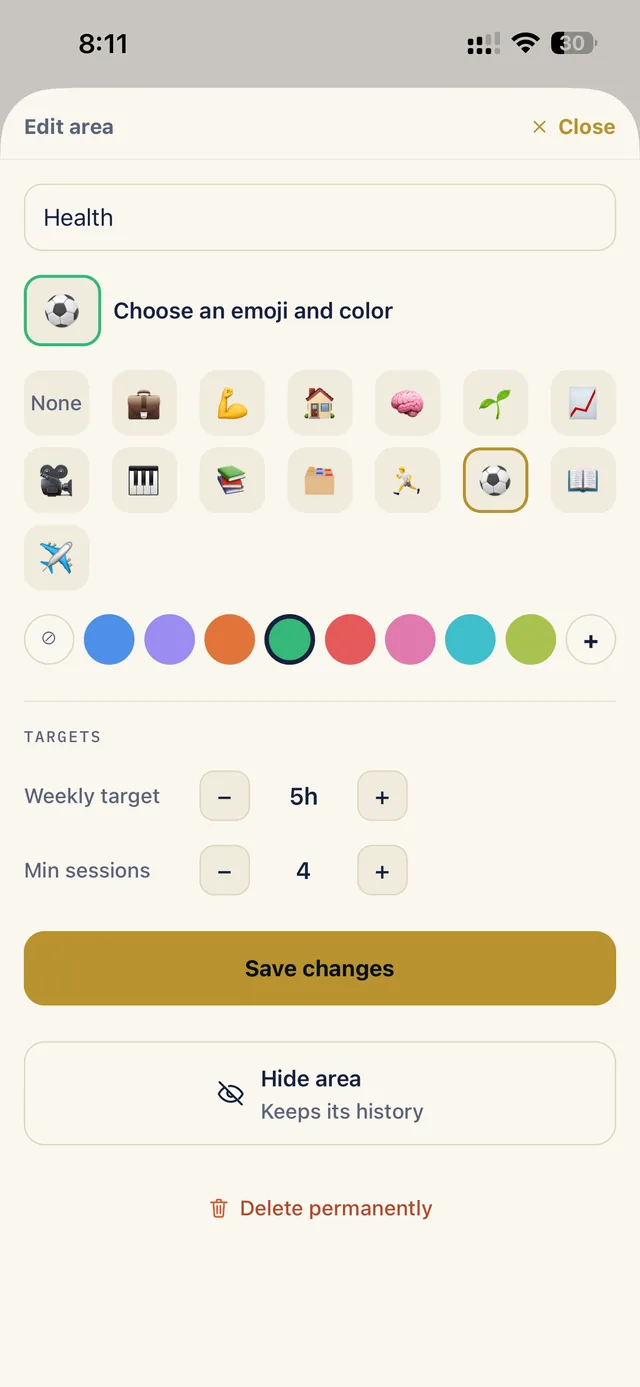 Editing a life area: name, emoji, colour and weekly target