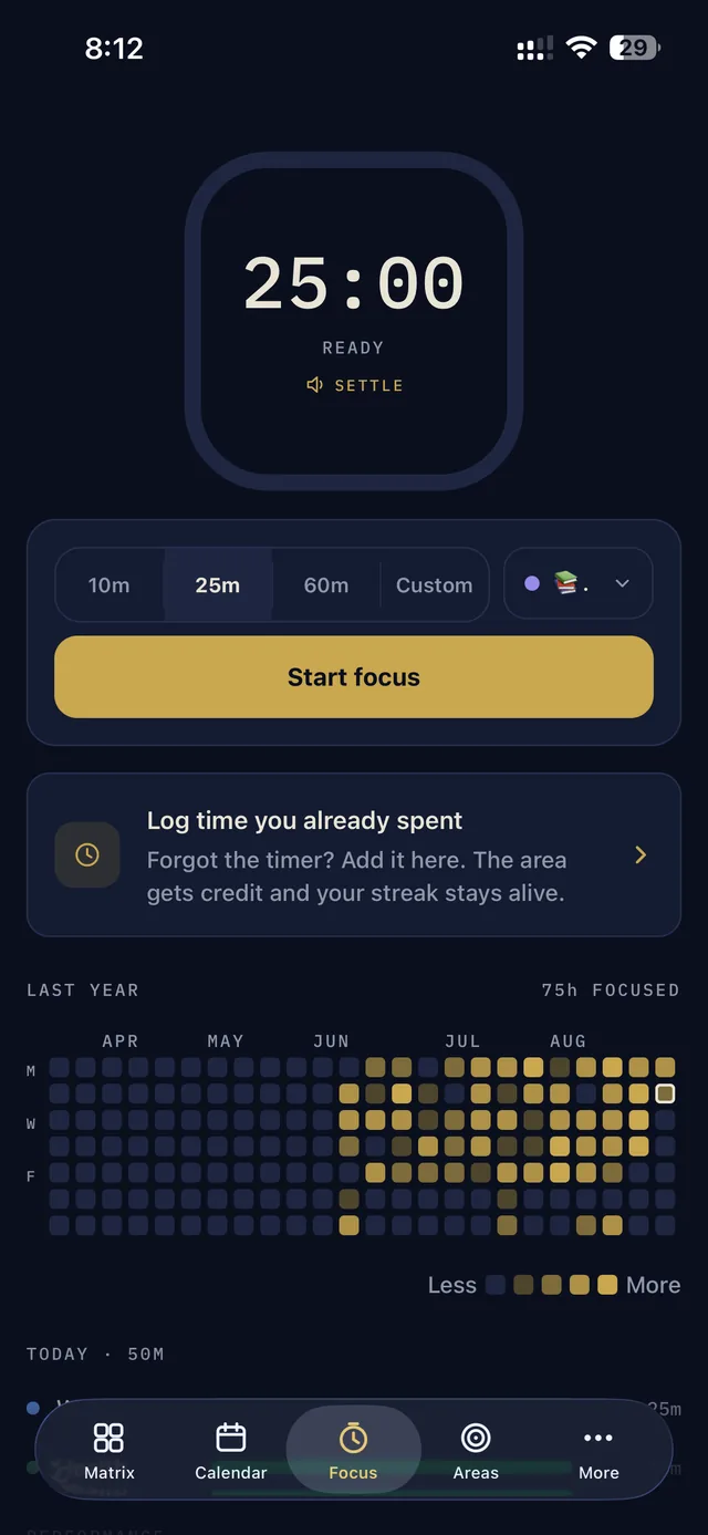 The focus timer in the dark theme